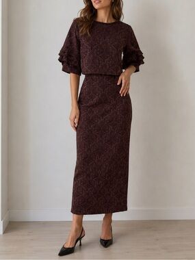 Burgundy Lace Maxi Skirt with Ruffled Sleeves